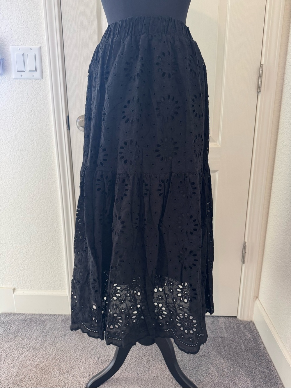 Black Eyelet Tiered Maxi Skirt